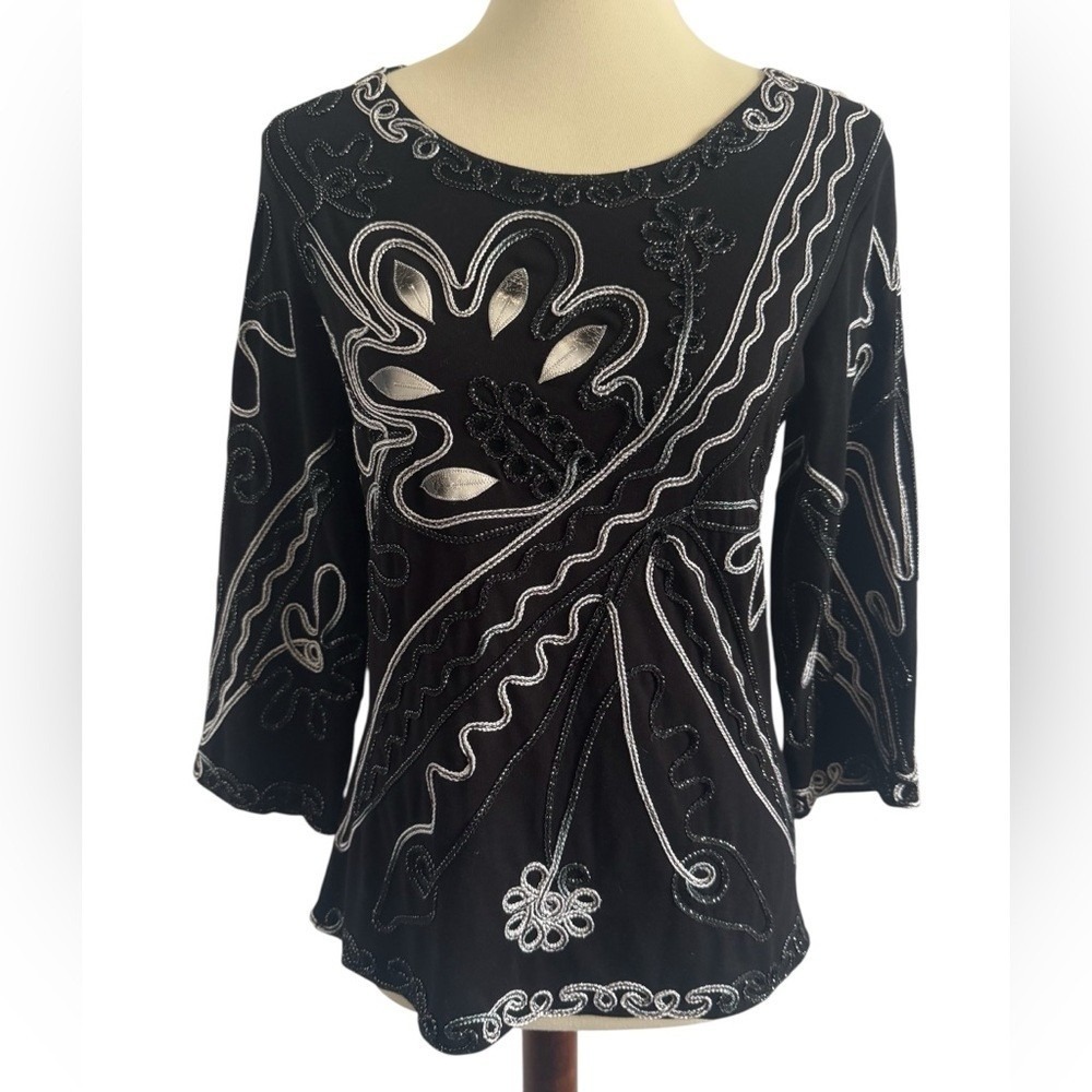 Once Again Black Silver Embroidered Glam 3/4 Sleeve Blouse Size Medium